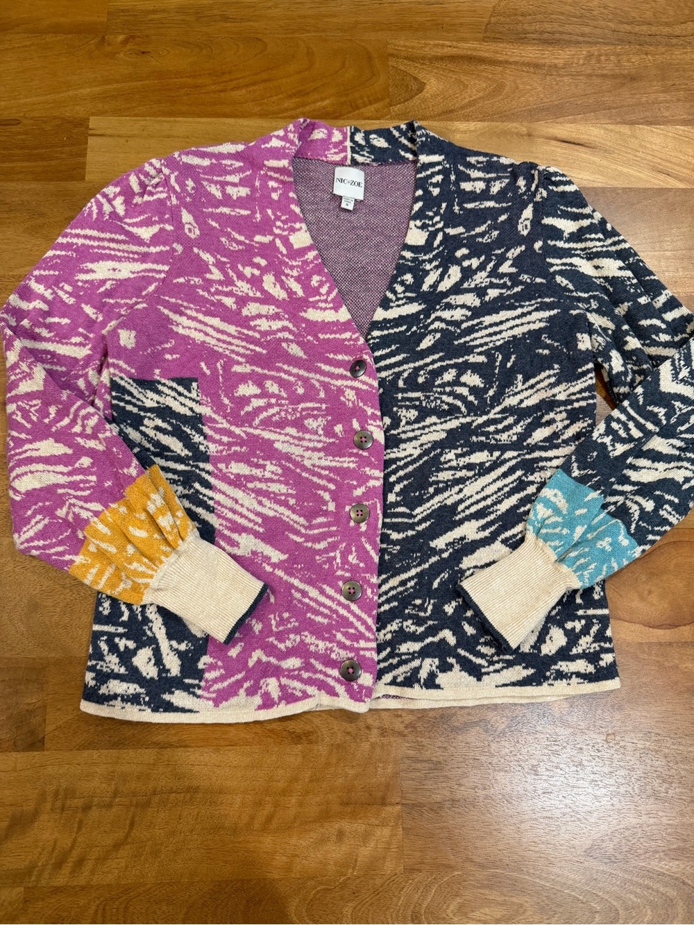 Nic+Zoe Colorblock Abstract V-Neck Cardigan in Pink, Yellow & Blue - Size S